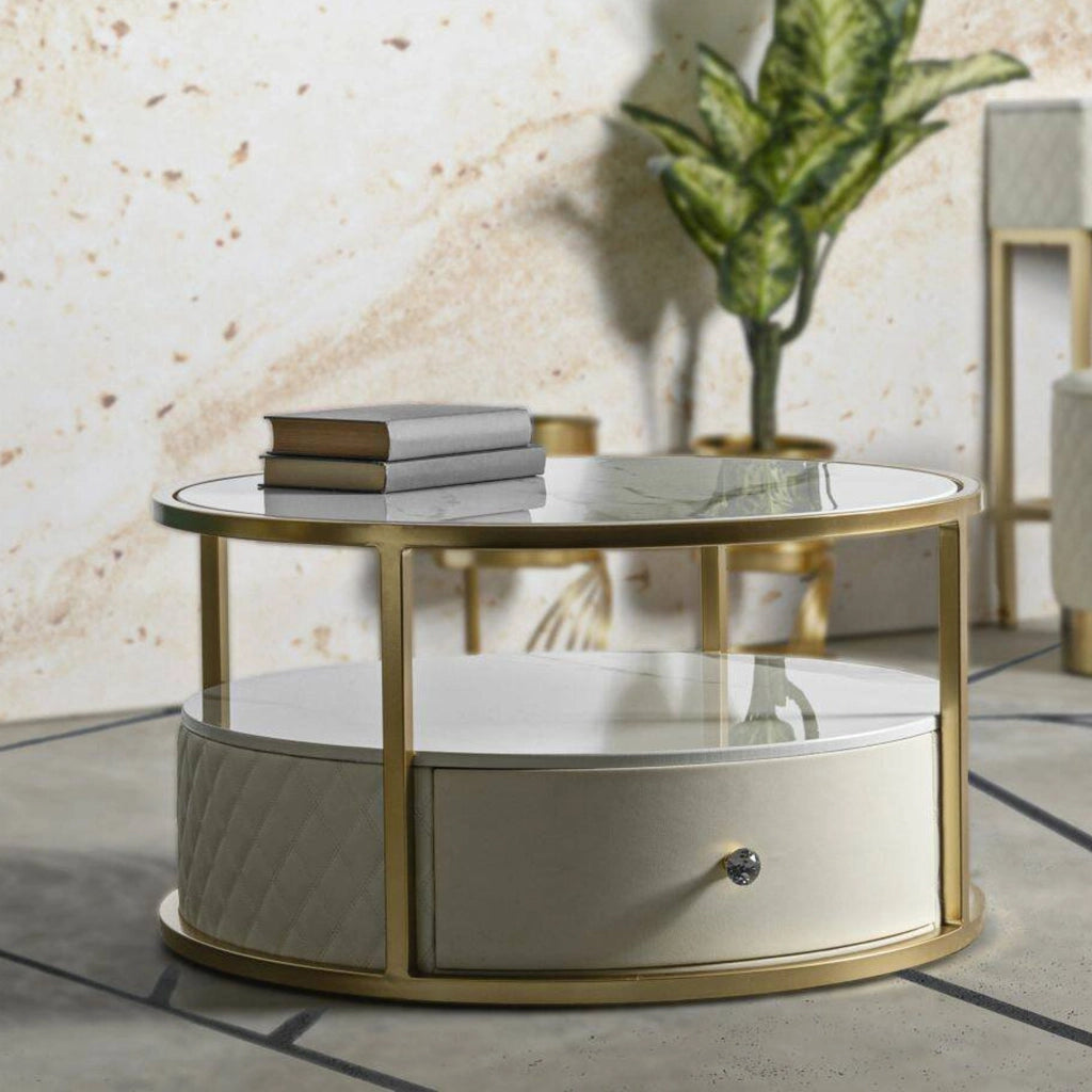 Tavolino da salotto Stabia, Tavolo basso da caffè, Portariviste per divano, Ripiano da soggiorno, 75x75 h40 cm, Bianco e Oro