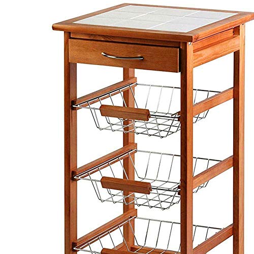 Carrello Cucina in legno 3 Cestelli Acciaio e Ripiano 9 Mattonelle in Ceramica