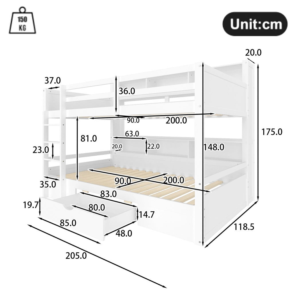 Letto a castello 90x200 cm con cassetto e vani portaoggetti; pino e MDF