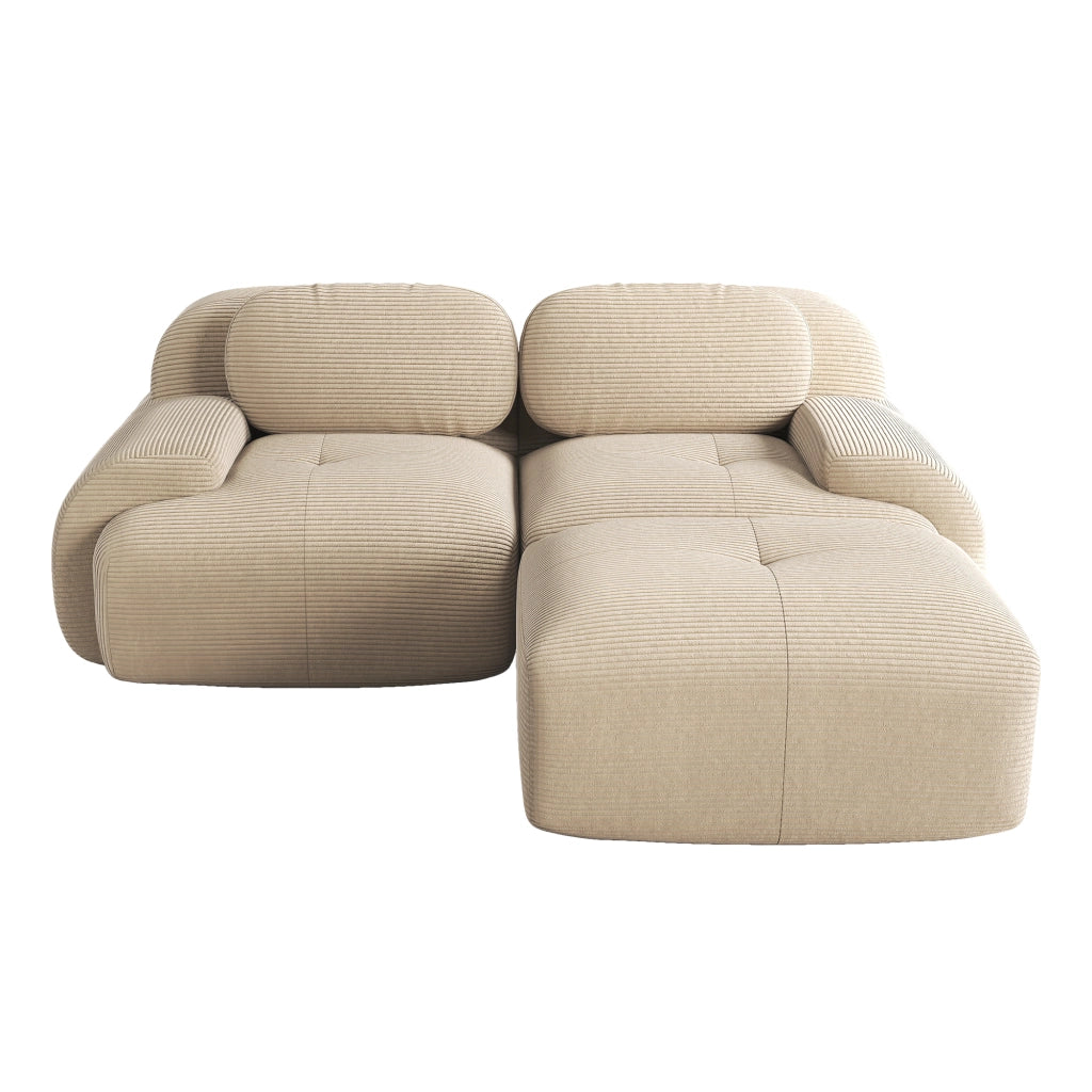 Divano angolare modulare senza montaggio; in schiuma 32D; braccioli curvi; tessuto a coste beige