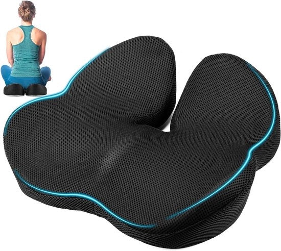 Cuscino Sedile Ergonomico Ortopedico per il Tronco Coccigeo in Nero - Ideale per Lunghe Sedi in Sedia Ufficio, Sedia da Gioco o Sedia a Ruote