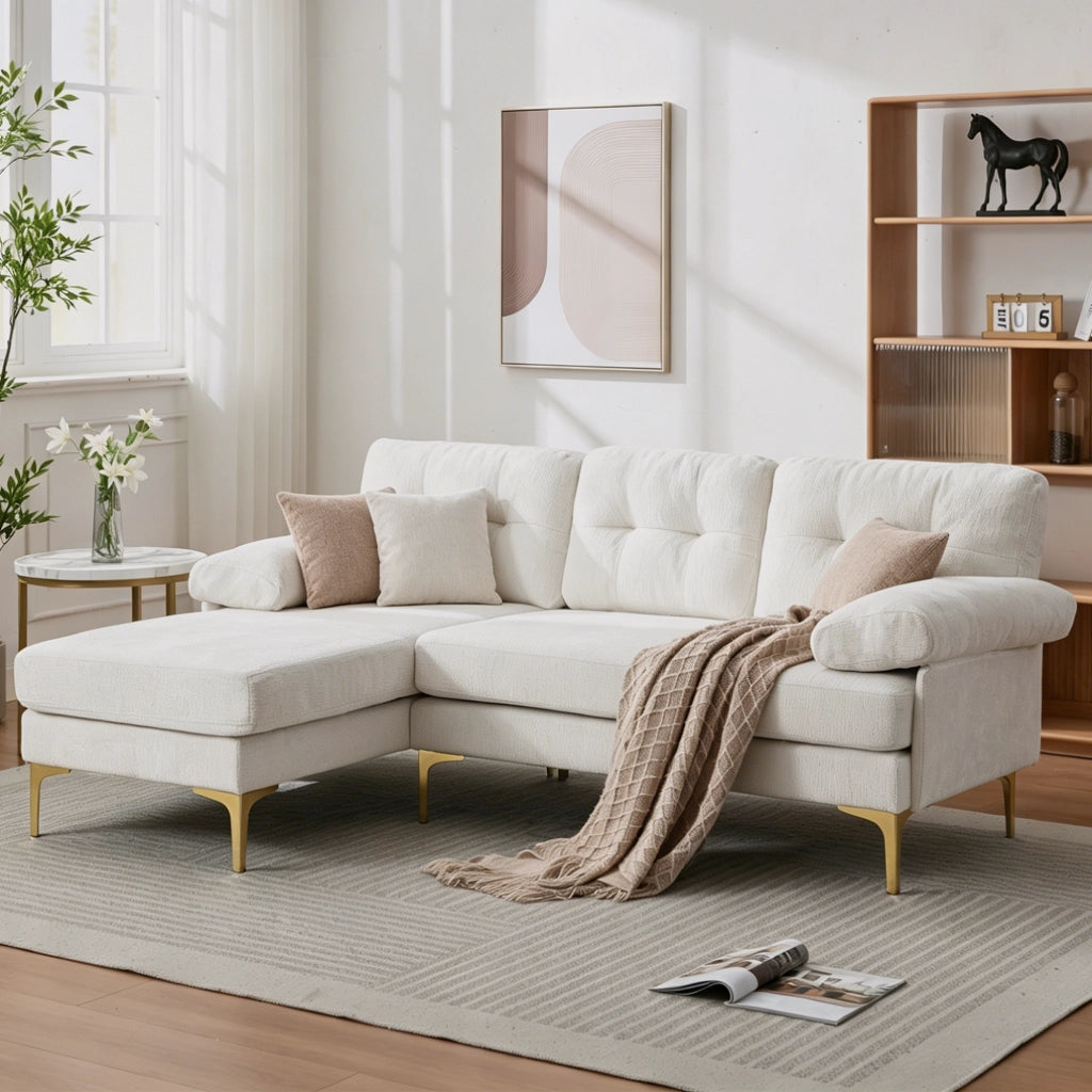 Divano Angolare 3 Posti ¨C MINIMAL ¨C Chenille Beige, Gambe in Metallo, Funzione Relax