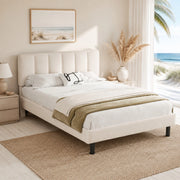 Letto imbottito 140x190 cm in tessuto Sherpa beige con rete a doghe e piedi in ferro
