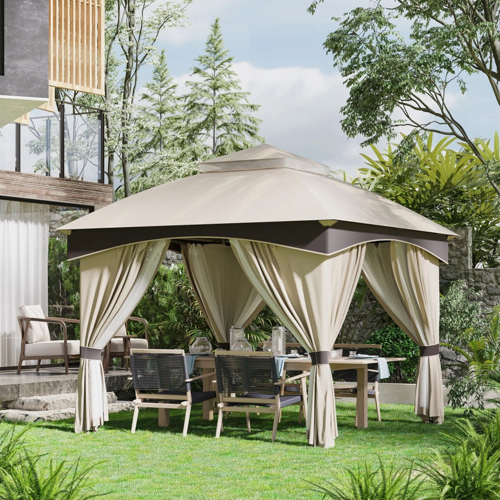 EasyComfort Gazebo da Giardino 3x3m in Acciaio con Doppio Tettuccio e Tende, Beige e Grigio