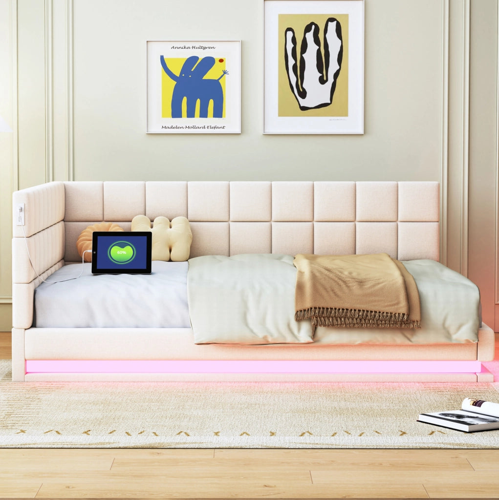 Divano letto 140x200 cm con LED e porta USB; tessuto di lino beige