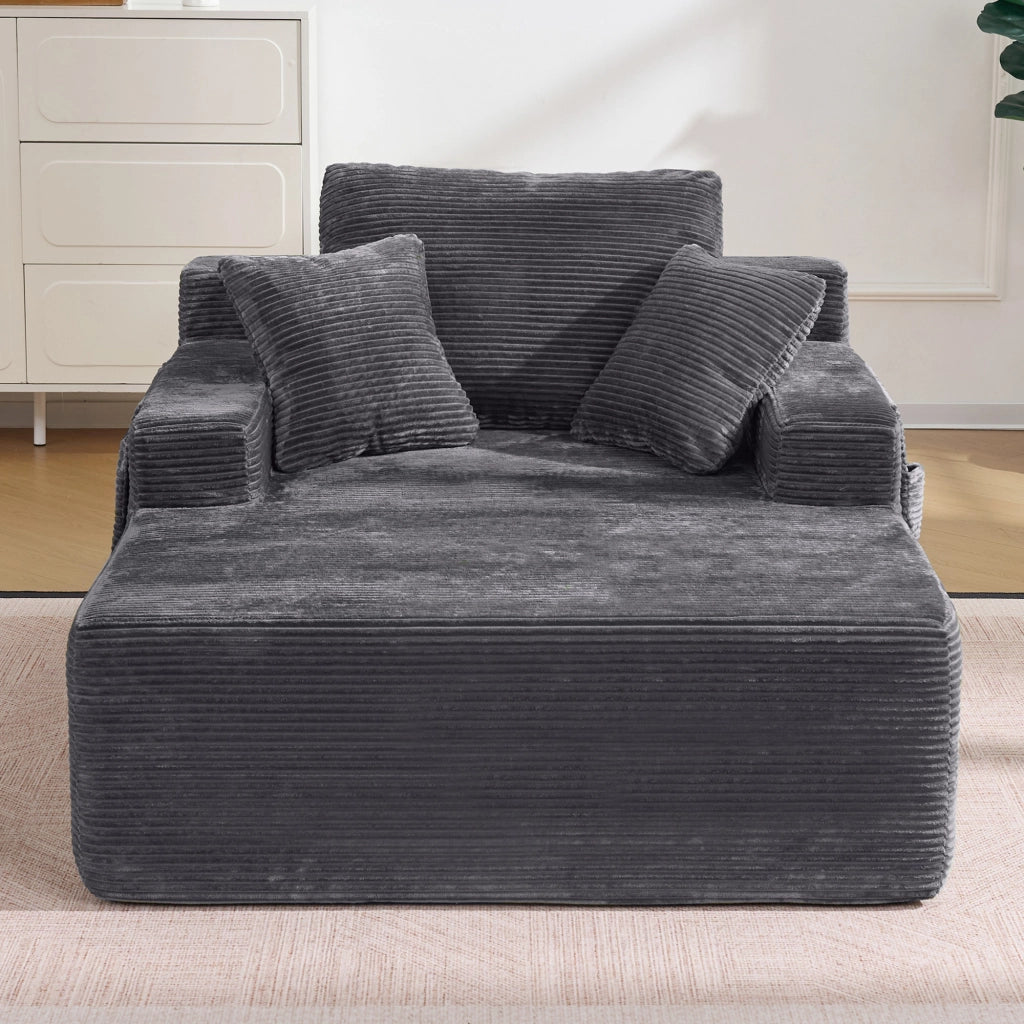 DIVANO in corduroy grigio scuro con tasche laterali e 3 cuscini