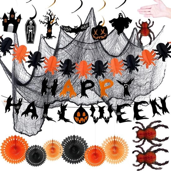 Set di decorazione per Halloween - 6 ventilatori in cartone + guirlande a forma di ragno 3m + bandiera + appendiabiti a forma di ragno + decorazioni da appendere per Halloween + set di setole nere - 76x230cm