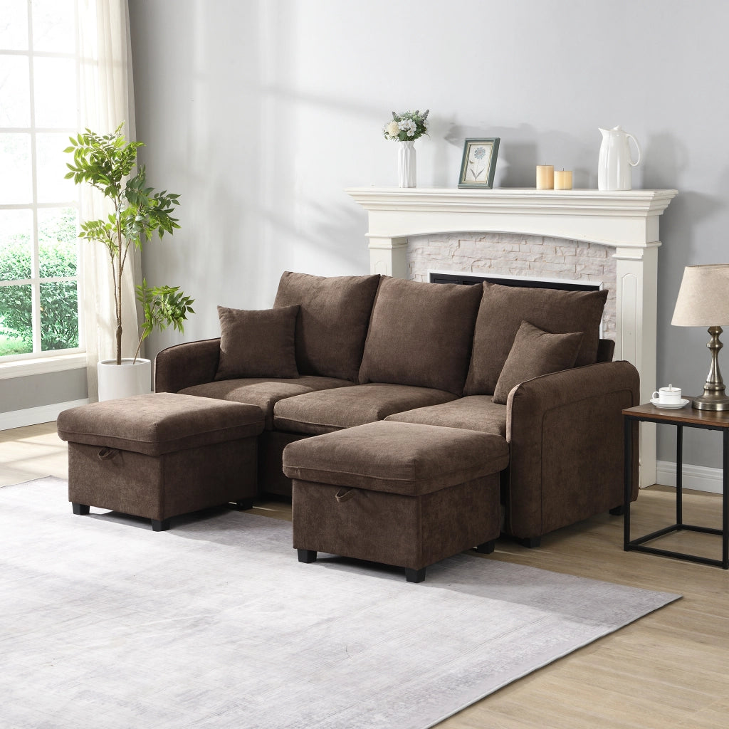 Divano Ad Angolo Modulare 3 Posti con Contenitore; 2 Pouf Contenitore e Funzione Letto; Chenille Marrone Antico