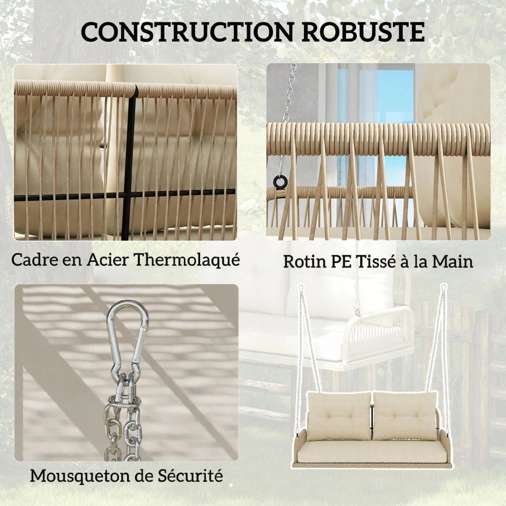 Divano Sospeso da Giardino 2 Posti in Polyrattan con Cuscini e Catene in Acciaio ¨C Xylo ¨C Beige 115x66x44cm