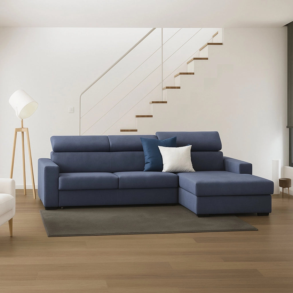 Divano fisso Ameno, Divano ad angolo, Made in Italy, SofÒ  Soggiorno con chaise longue, in tessuto imbottito - Penisola contenitore Destra, con Braccioli standard, cm 280x95h85, Blu