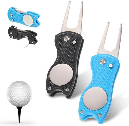 Strumento per Divot - 2 Pezzi - Ripiegabile - Metallico - Marcatore Magnetico - 11cm x 3cm - Progettazione Sicura - Accessori da Golf