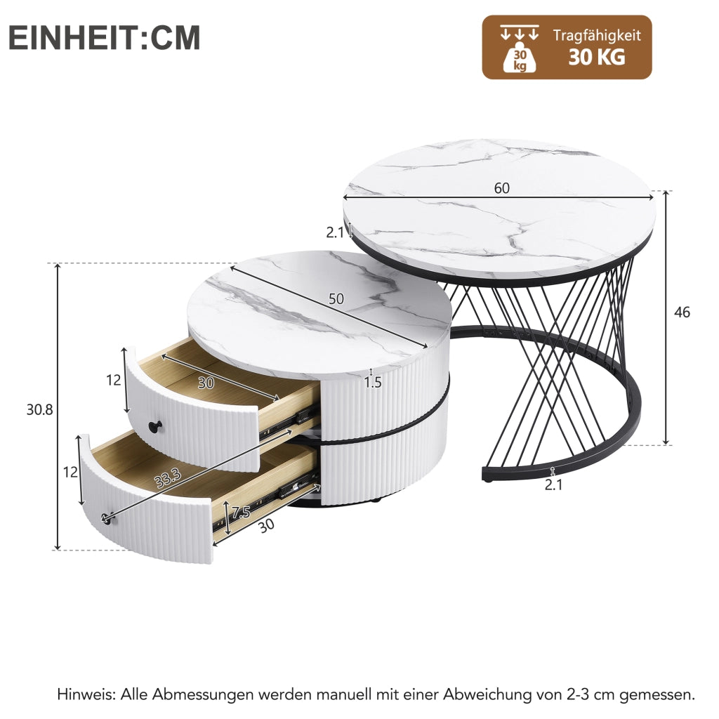 Set tavolini da caffè 60x60x46 cm e 50x50x31 cm; con 2 cassetti; MDF; bianco