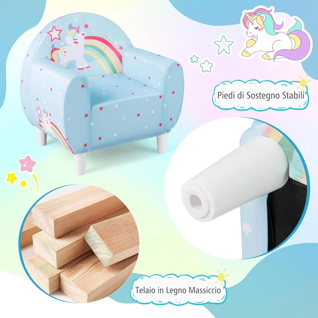 Divano per Bambini a Forma di Unicorno 55 x 40 x 55cm, Poltrona Imbottita con Tessuto Elastico Traspirante e Riempimento in Spugna, Mobile Moderno per Cameretta (Blu)