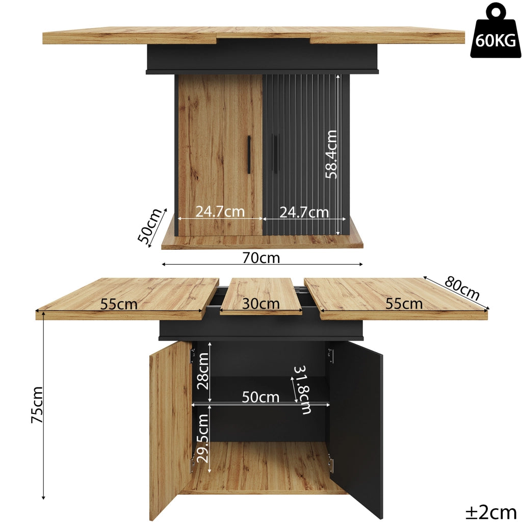 Tavolo allungabile 110-140x80x75 cm con contenitore; MDF nero e naturale