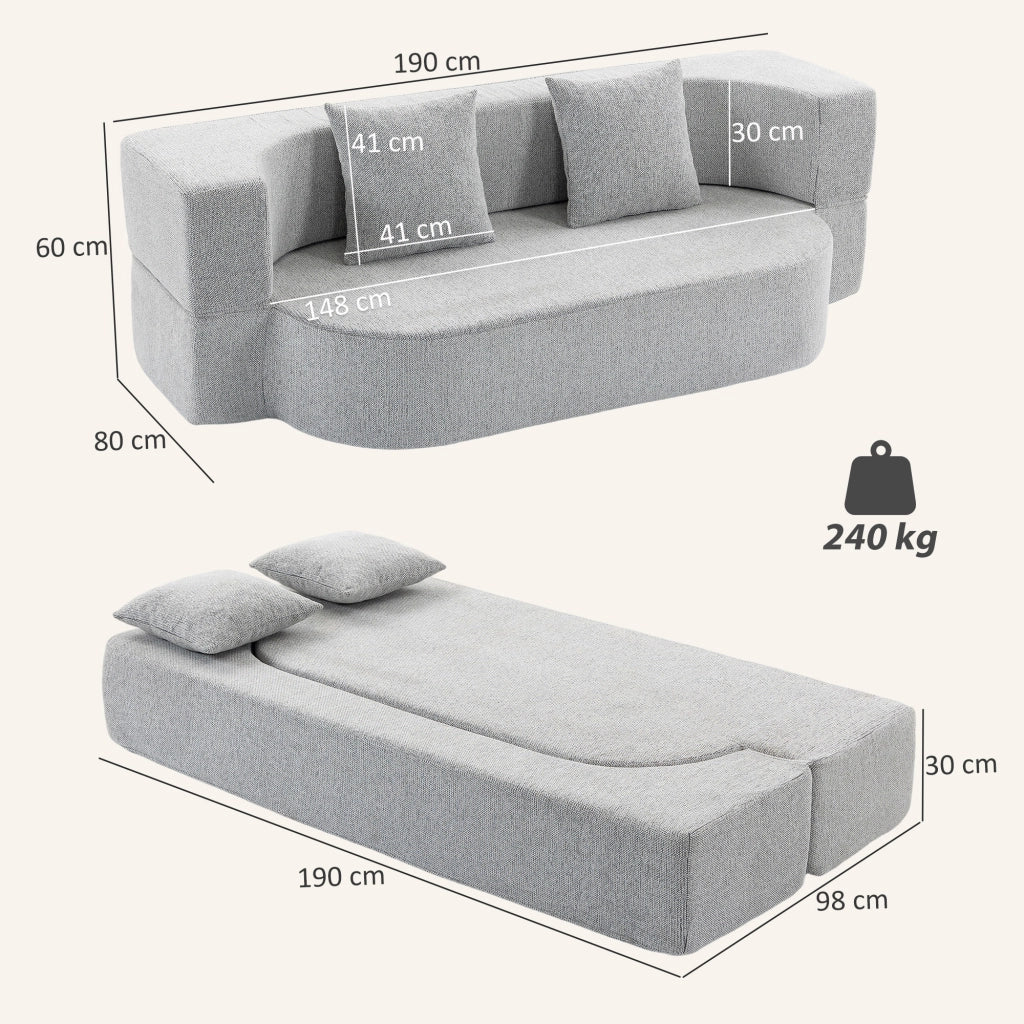 Divano Letto 2 Posti 2 in 1 con 2 Cuscini Sfoderabili, Braccioli e Seduta Imbottita, in Ciniglia, Grigio Chiaro