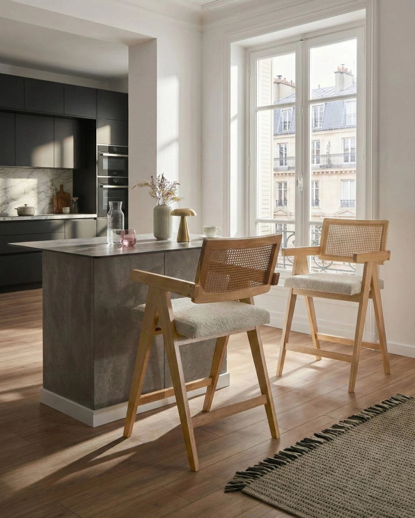Set di 2 sedie da bar marrone scuro e beige chiaro con struttura in legno di caucciù e sedile in bouclè Cucina da pranzo retrò