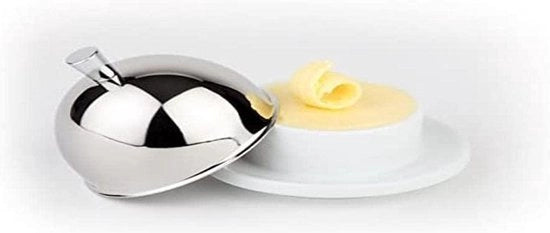Piatto per burro con coperchio - porcellana - acciaio inossidabile - lucido - 9 x 9 cm - altezza 7 cm - accessori da cucina - decorazione da tavola
