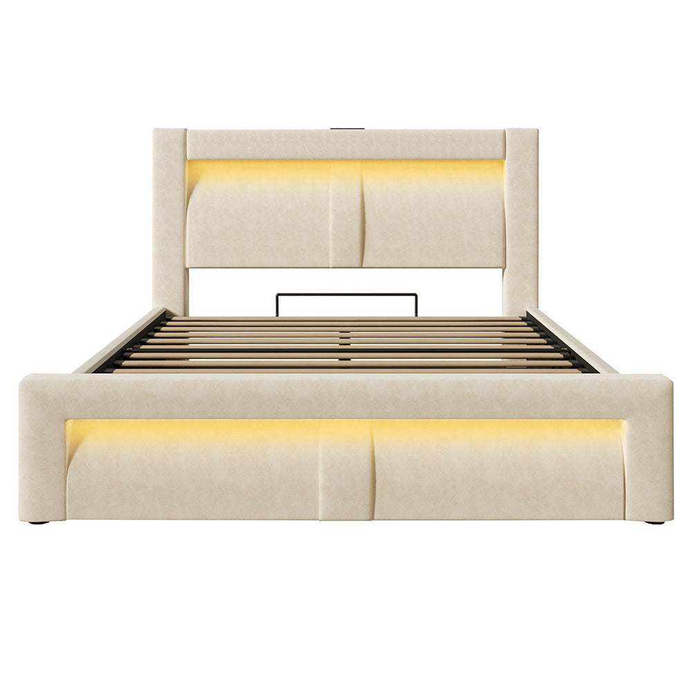Letto matrimoniale-Xylo-160x200cm idraulico LED USB-C velluto beige con materasso