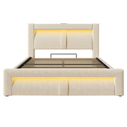 Letto matrimoniale-Xylo-160x200cm idraulico LED USB-C velluto beige con materasso