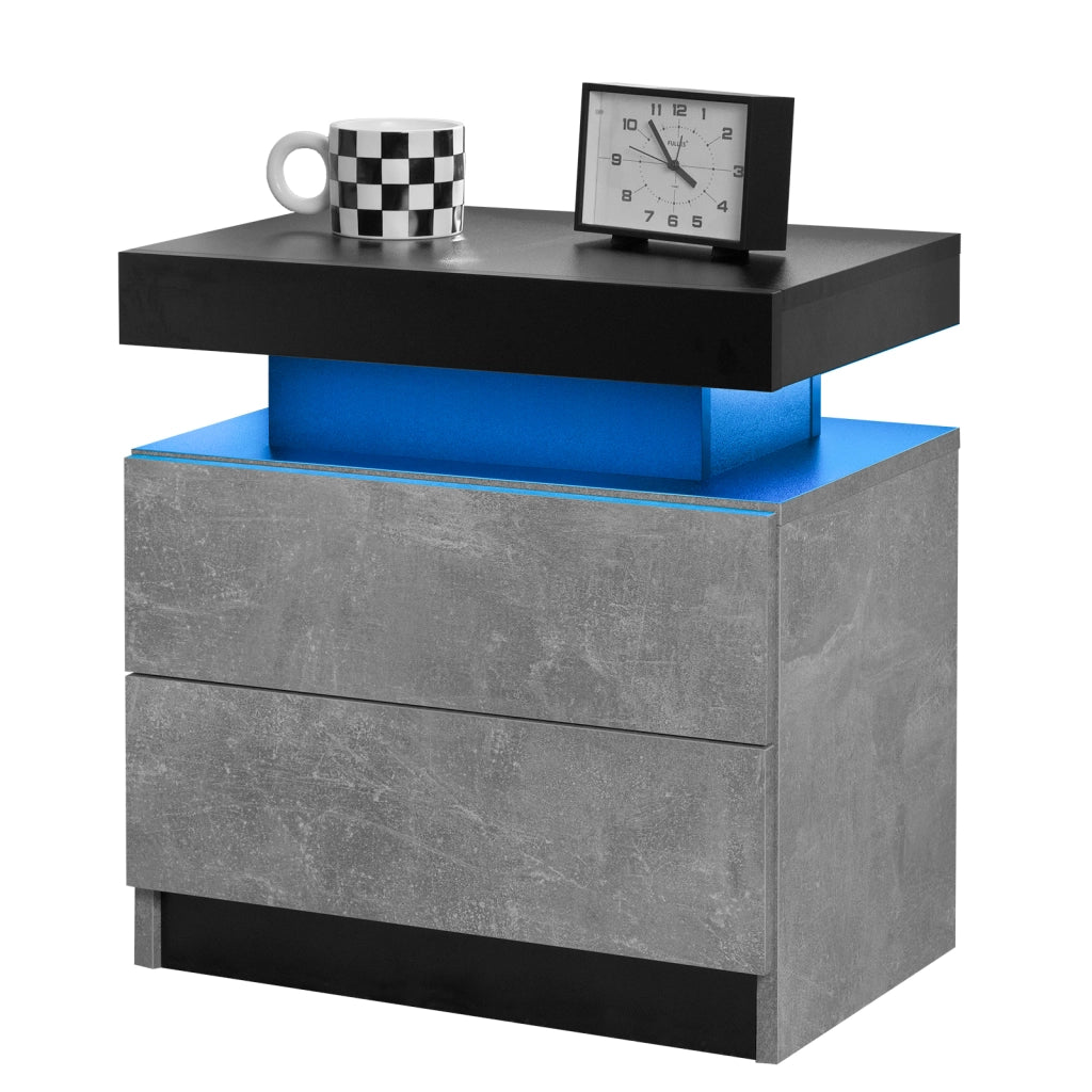 Comodino con LED multicolore, 2 cassetti e vano aperto, per camera da letto, in legno ingegnerizzato, grigio