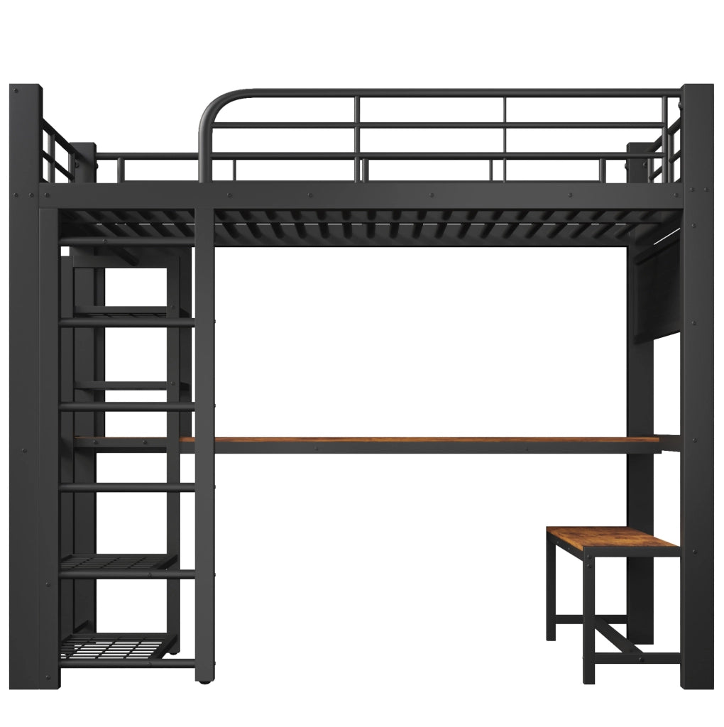 Letto a soppalco 90x200 cm con scrivania; asta appendiabiti; pannello forato; metallo nero