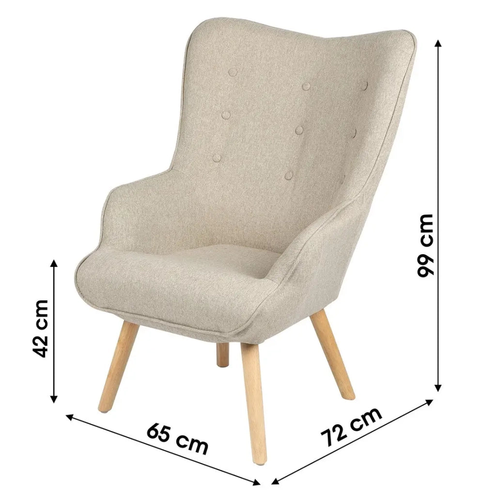 Poltrona da salotto in tessuto beige con gambe in legno collezione ENJOY. Stile scandinavo.