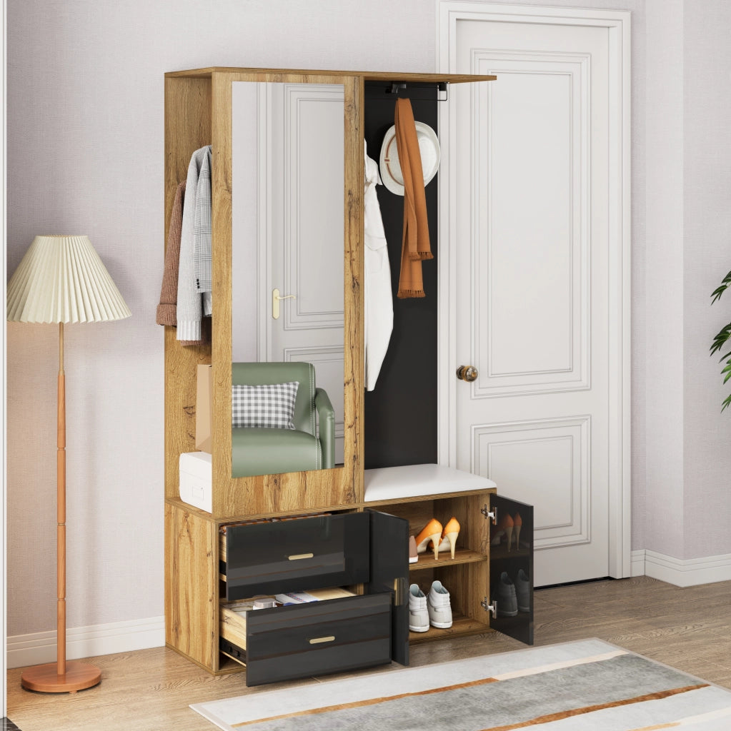Guardaroba da ingresso nero e legno con specchio e scarpiera