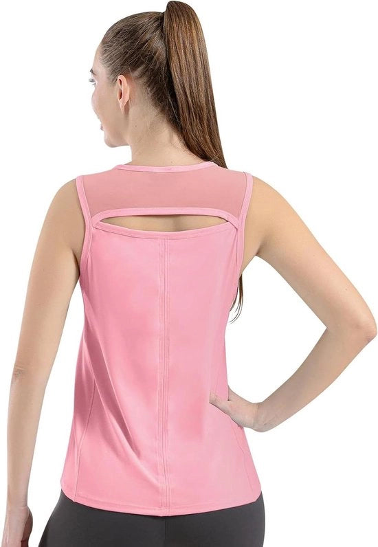 Top da donna sportiva per corsa e yoga con mesh rugosa e senza maniche