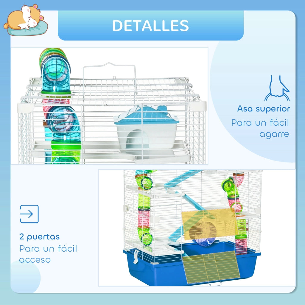 Gabbia per Criceti con Tunnel, Piattaforme, Scivoli e Ruota ¨C Zephmum ¨C 59x36x69 cm Blu