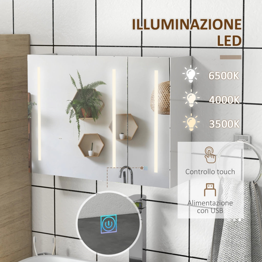 Bathroom Mirror Cabinet with Light, Bathroom Storage Cupboard with USB Charge, Adjustable Shelf, 90x15x70cm, White