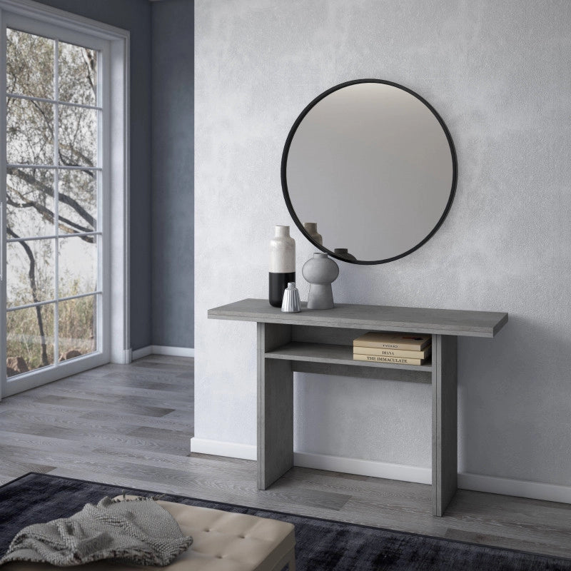 Tavolo consolle estensibile Oplà con piano ribaltabile e vano portaoggetti cemento 120x35/70x75 cm - Terraneo