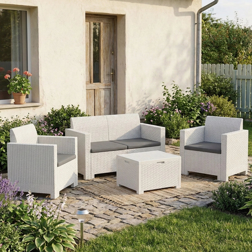 Salottino da esterno Gazania, Set da giardino con cuscini, Salottino  effetto rattan, 100% Made in Italy colore Bianco