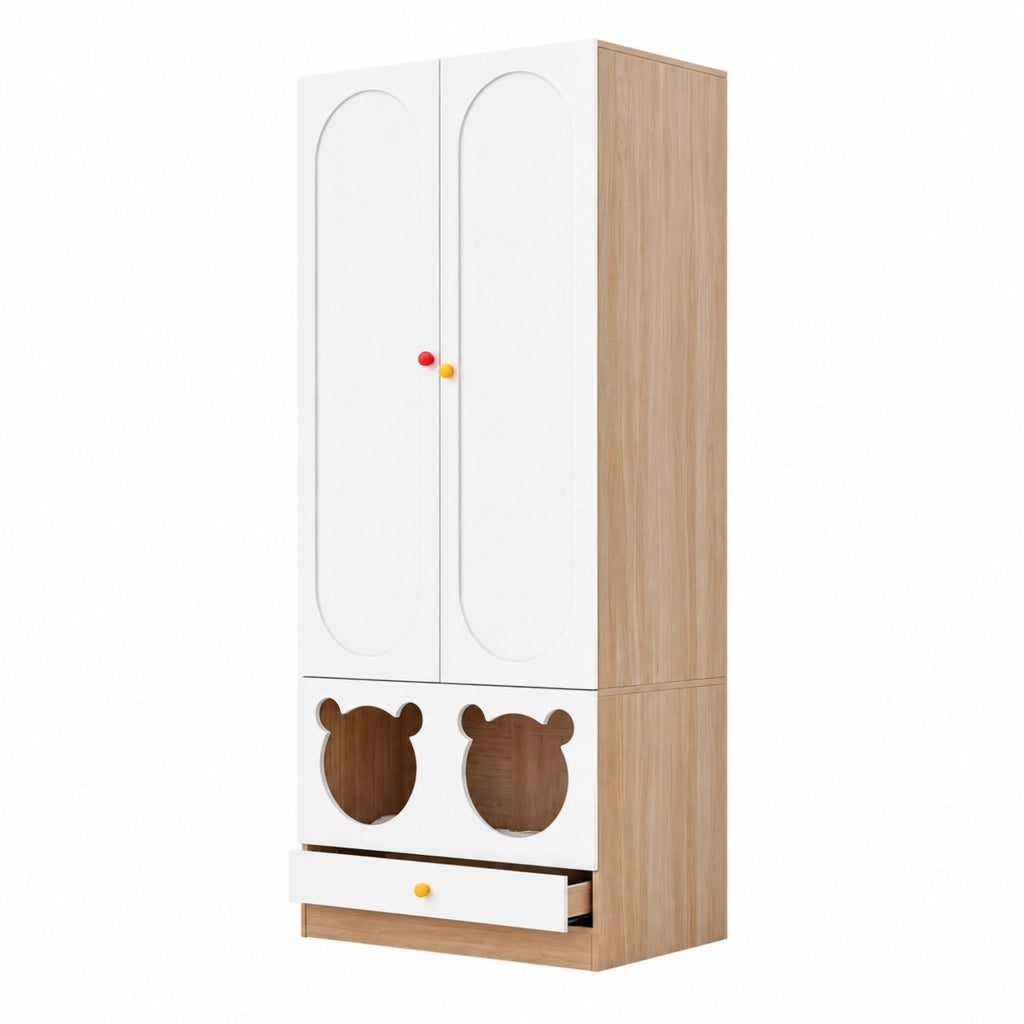 Armadio a 2 ante per bambini con barra appendiabiti e cassetti, 80 × 50 × 200 cm, bianco e effetto legno