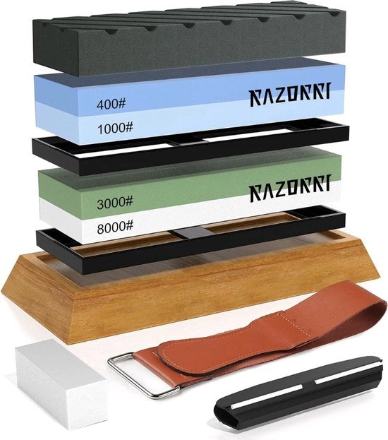Set di abrasivi, doppio lato 400/1000 e 3000/8000 giri, pietra di abrasione e pietra piatta, guida angolare, base in bambù, righe dorate, per la lisciatura e la levigatura di lame metalliche