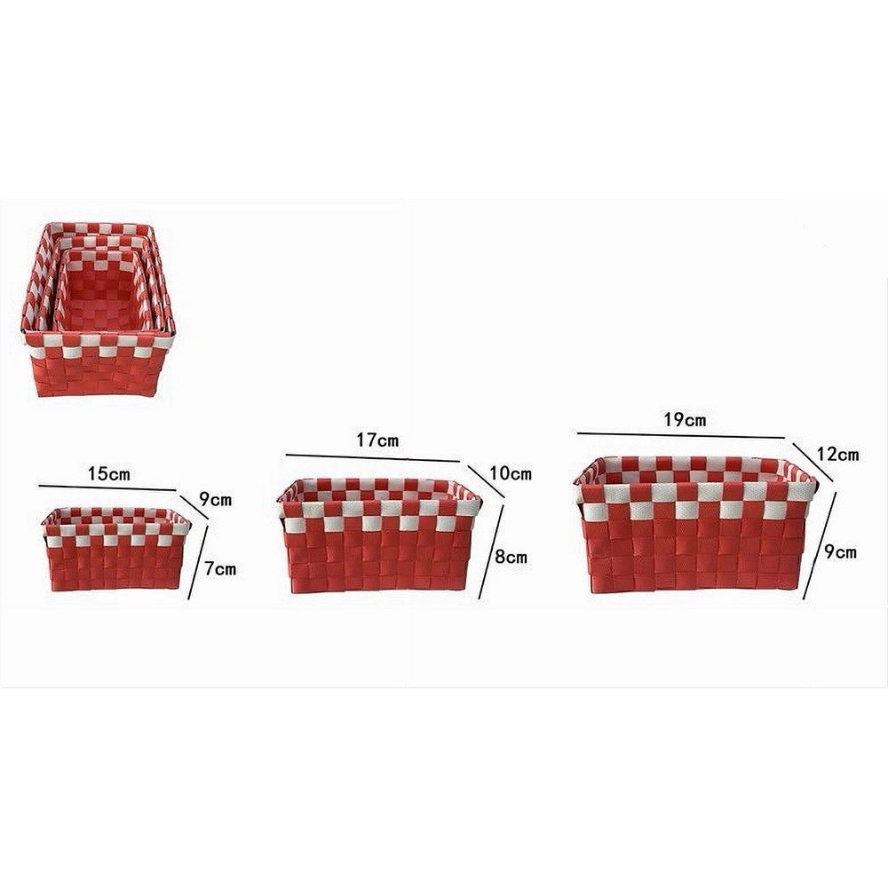 Trade Shop - Set 3 Cestini Portaoggetti Organizer Tessuto Bagno Rettangolari Rosso Bianco 59083 -