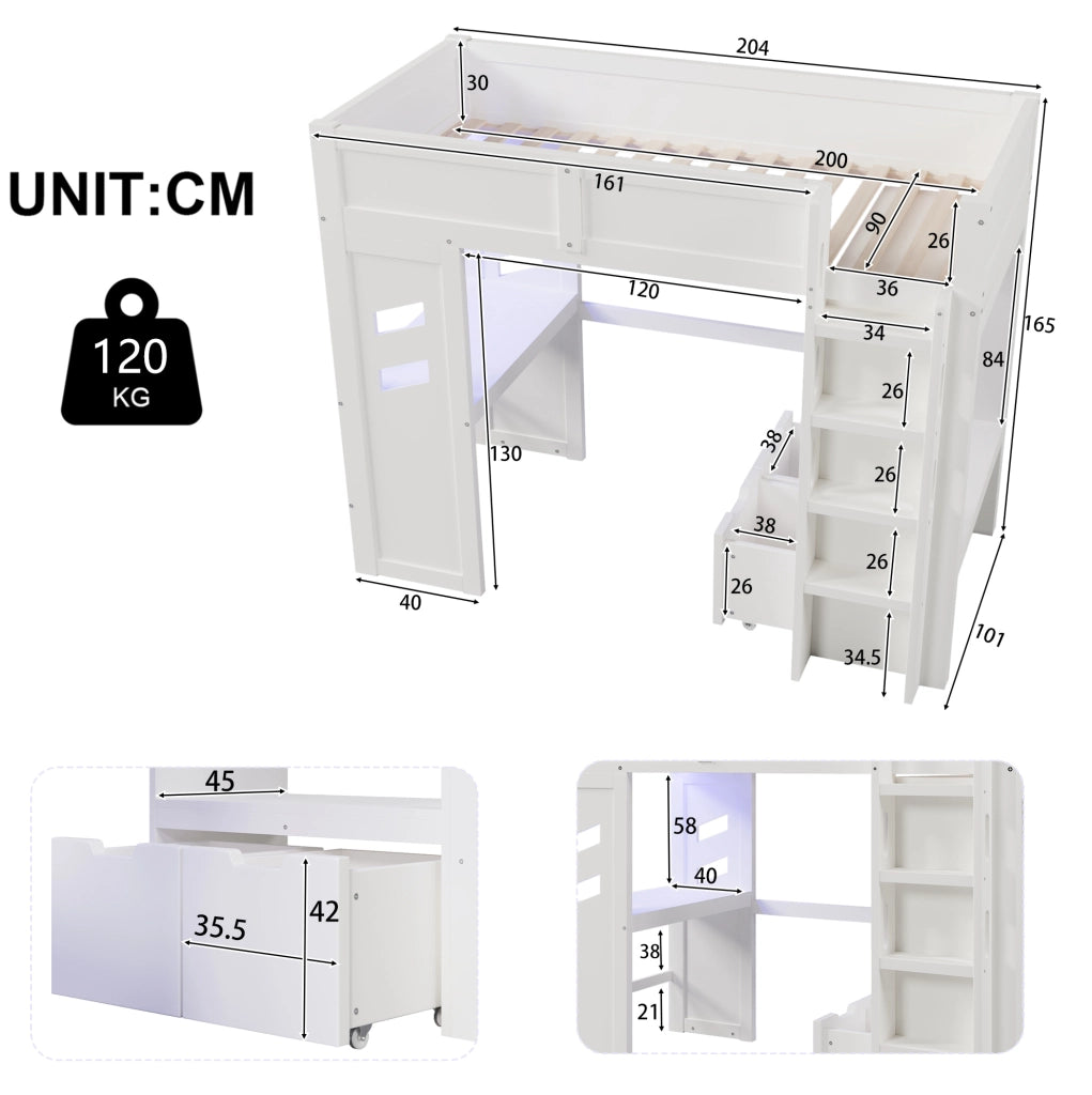 Letto a soppalco 90x200 cm bianco con scrivania, LED, USB-C e cassetti