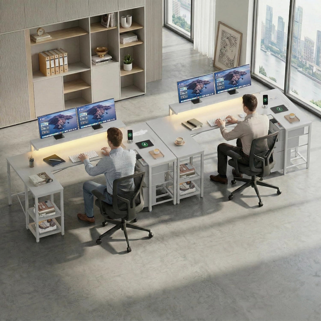 Scrivania Angolare 170x95 cm, Tavolo A L Da Gioco con 3 Cassetti, Illuminazione LED, Supporto Monitor, 2 Prese + 2 USB, Adatta per Ufficio/Studio, Ideale per Camere, Bianca