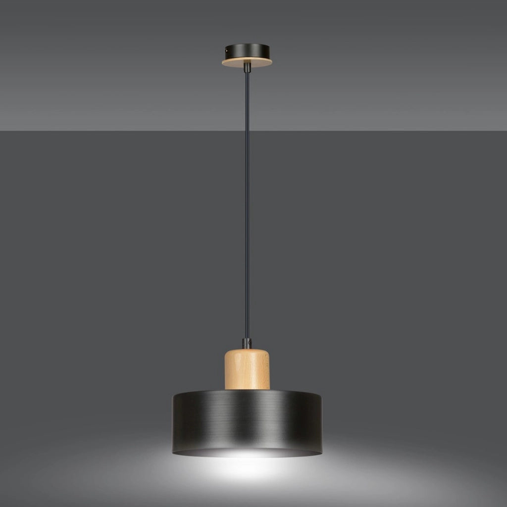 Lampada a sospensione Torin in acciaio nero opaco e legno