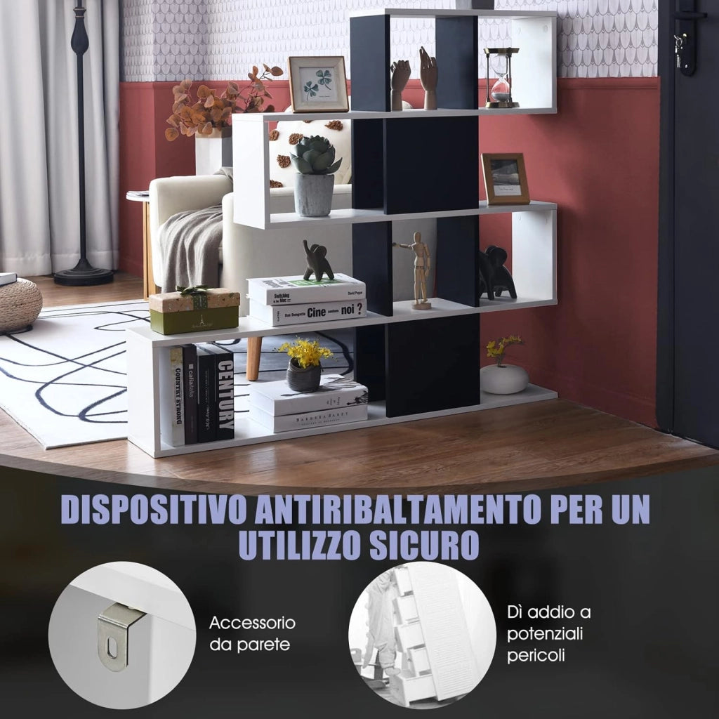 Libreria in Legno, 5 Livelli con Ante, Scaffale Multifunzionale a Forma di Scala, Ideale per Soggiorno Studio Ufficio, 120x19,5x109cm (Nero e Bianco)