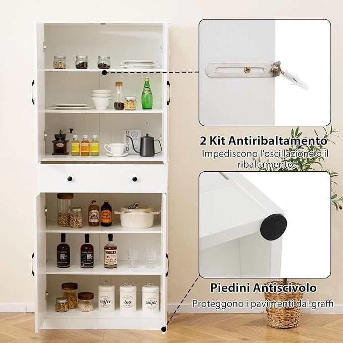 Credenza Alta da Cucina, Mobile Dispensa in Legno con 3 Ripiani Regolabili, 1 Cassette e 4 Ante, Armadio Moderno per Cucina, Soggiorno, Sala da Pranzo, 77 x 39 x 183 cm, Portata 140 kg