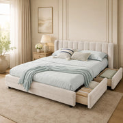 Letto matrimoniale 140x200 cm con 4 cassetti; USB e Type C; in tessuto Chenille beige
