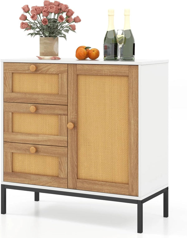 Credenza da Cucina in Rattan con 3 Cassetti e 1 Anta, Armadio con Ripiano e Gambe in Metallo - Mobile Portaoggetti per Cucina, Soggiorno e Sala da Pranzo, Stile Bohemian