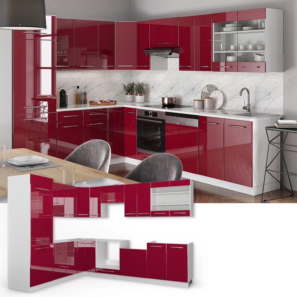Cucina angolare completa Fame-Line Bordeaux lucido/Bianco 287 x 60 cm, PL Marmo Vicco
