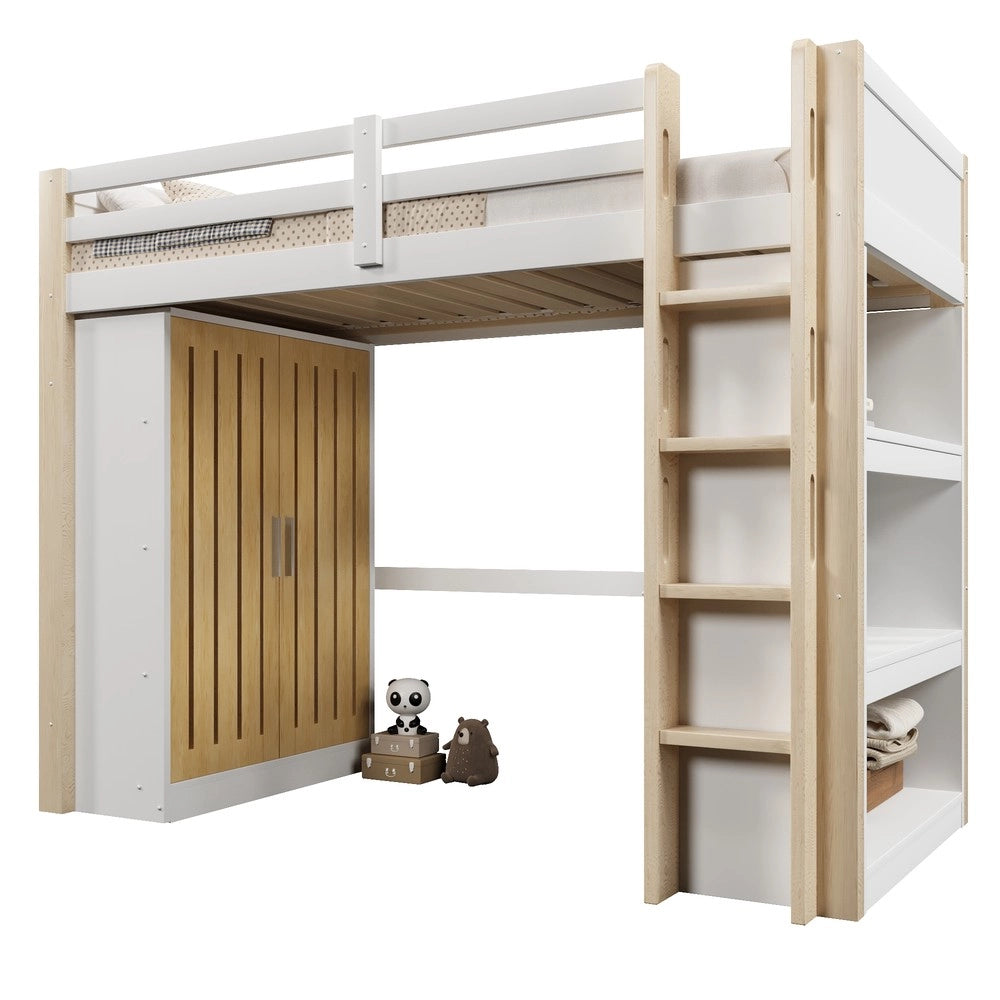 Letto a Soppalco con LED, Armadio e Scaffale ¨C MINIMAL ¨C 90x200 Bianco e Naturale