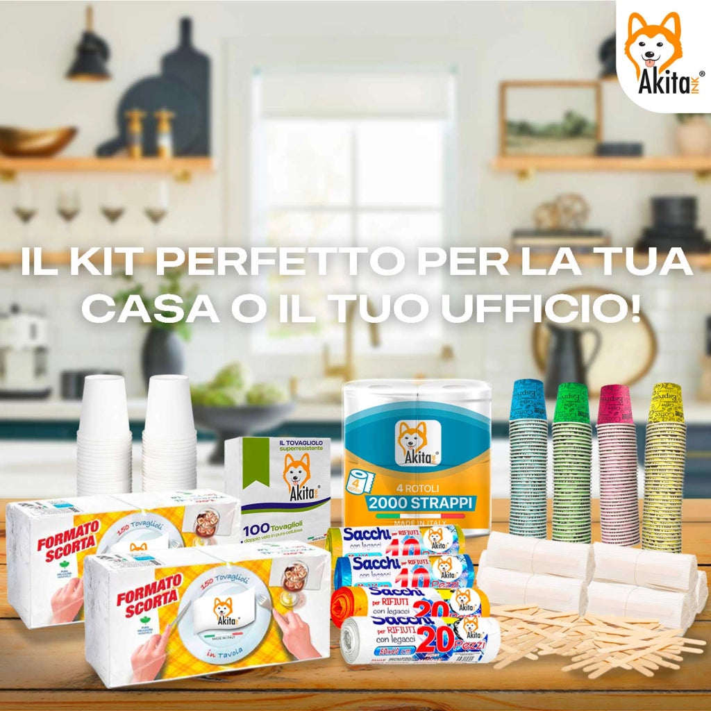 Kit completo Akitaink: tovaglioli, carta igienica e bicchieri