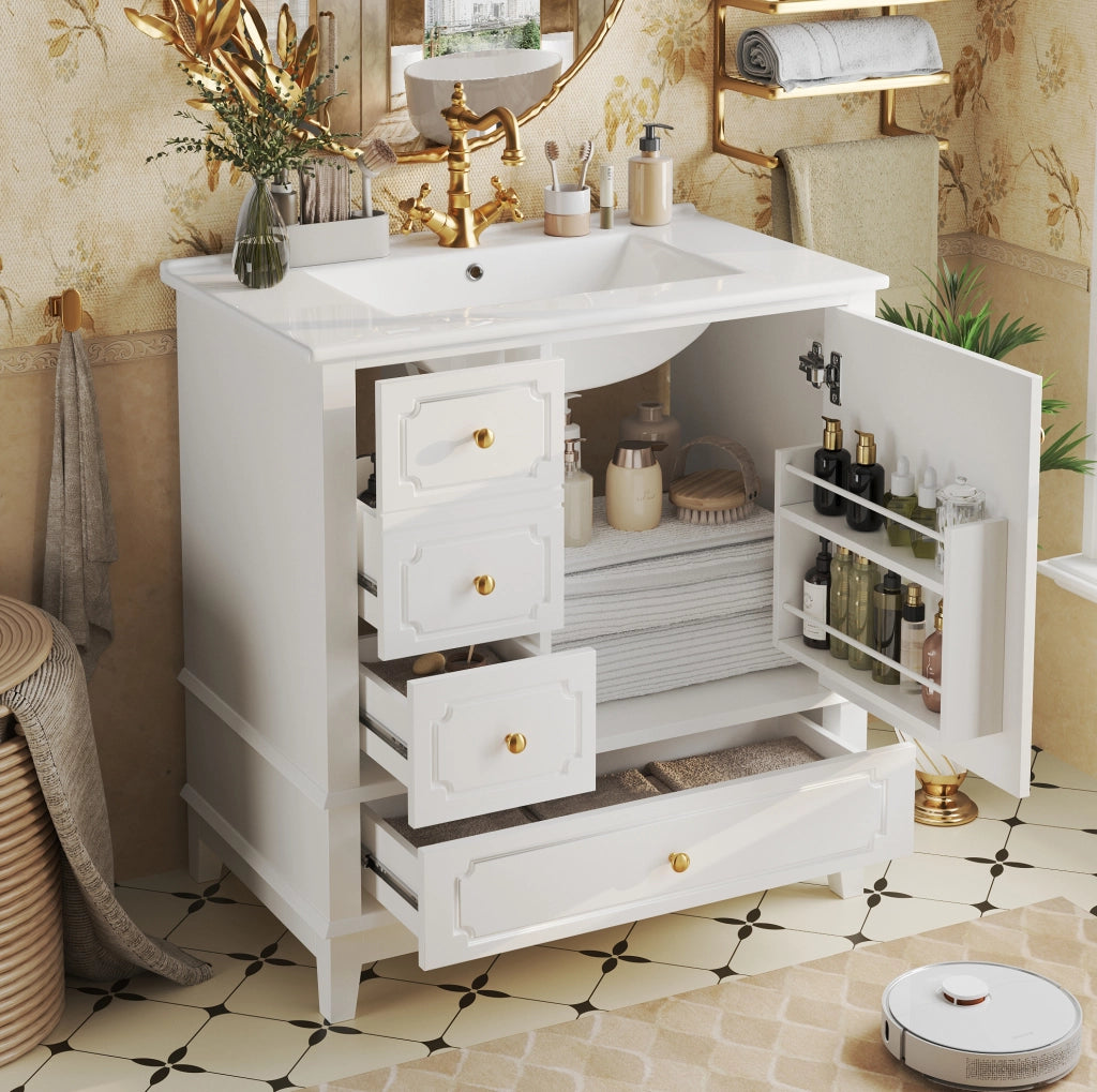 Mobile lavabo bagno 76,5 cm con lavabo in ceramica e maniglie oro