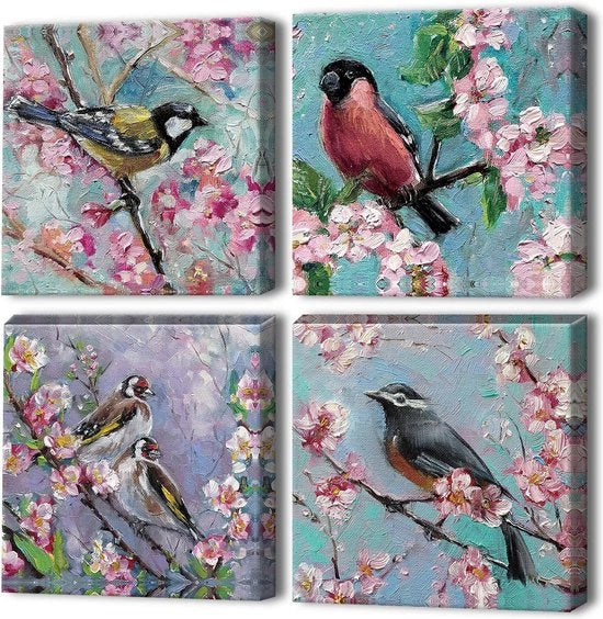 Stampi da tela - fiori uccelli olio foto quadro moderno in cornice bagno ufficio cucina arredamento domestico - 30 x 30 cm 4 pezzi