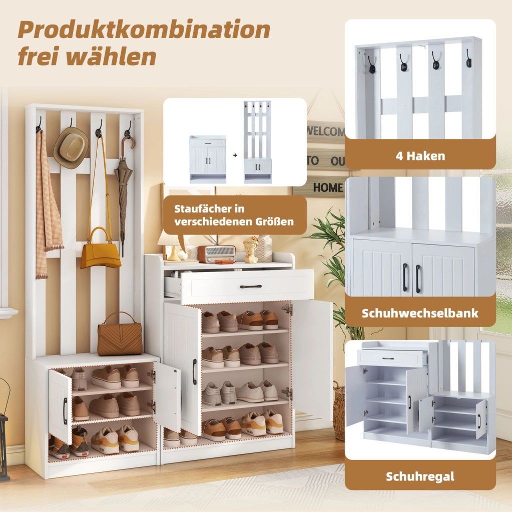 Set ingresso 3 in 1 con panca; pannello appendiabiti e scarpiera 140x32x180 cm; bianco in truciolare