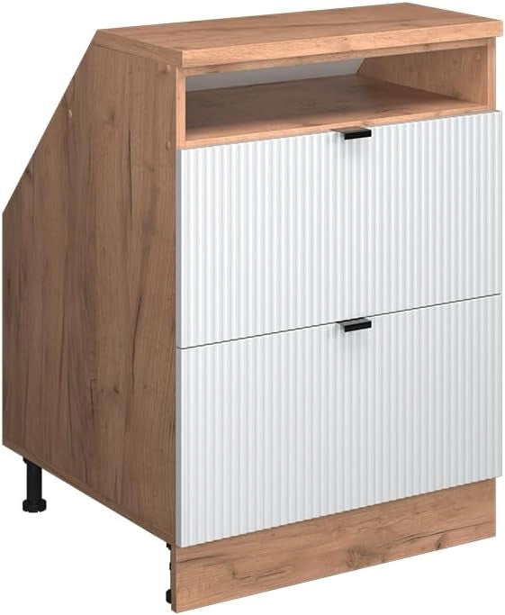 Mobile sottotetto Rion, Ondulazione bianca, 60 x 81.6 cm con 2 cassetti, carcassa 60 cm profondità, adatto per il salvaspazio sotto tetti spioventi