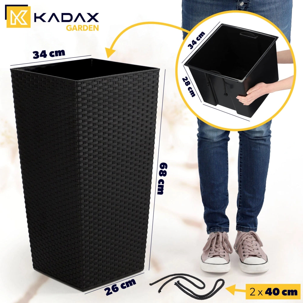 Vaso da giardino KADAX con inserto per fiori, grande e alto, 34x68 cm, nero.